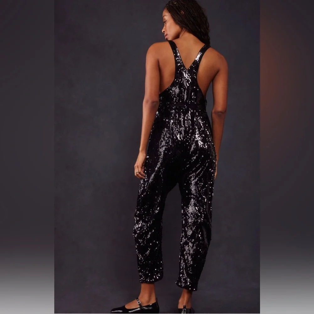 Free People Sparkling Black Sequin Jumpsuit